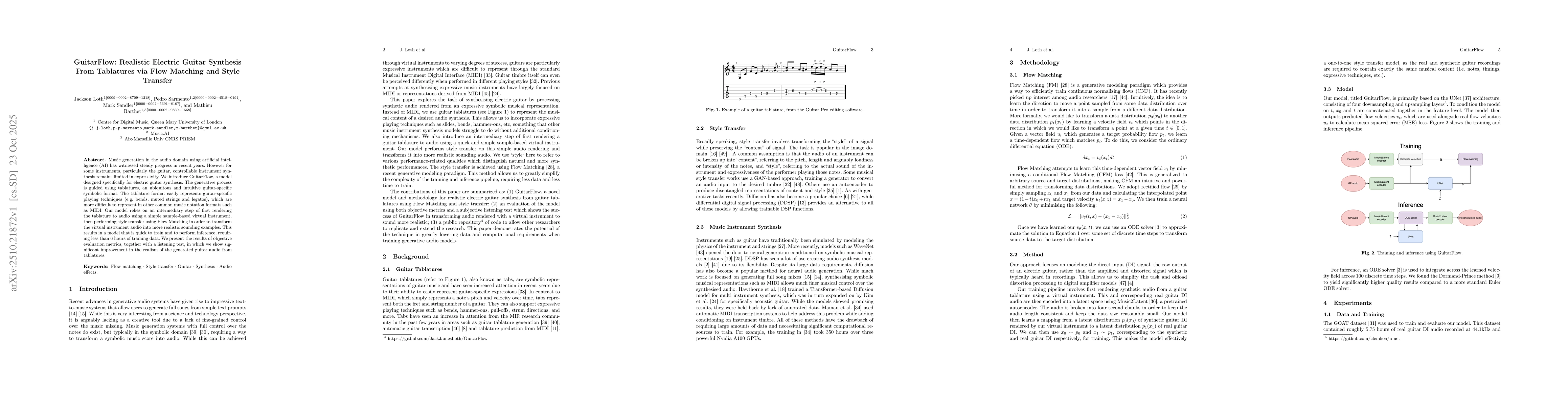 Thumbnail for GuitarFlow: Realistic Electric Guitar Synthesis From Tablatures via Flow
  Matching and Style Transfer