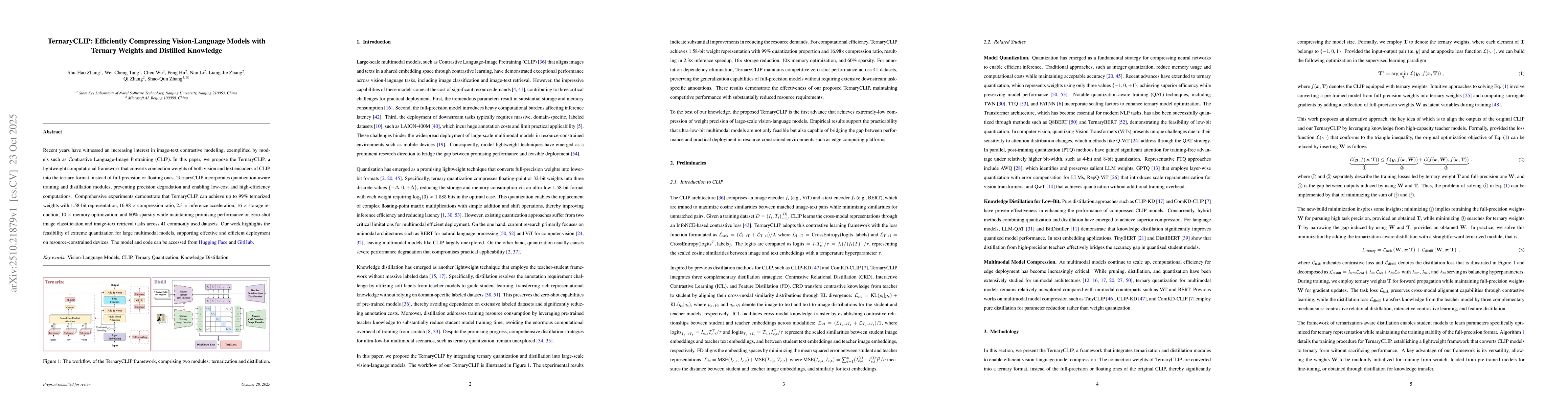 Thumbnail for TernaryCLIP: Efficiently Compressing Vision-Language Models with Ternary
  Weights and Distilled Knowledge