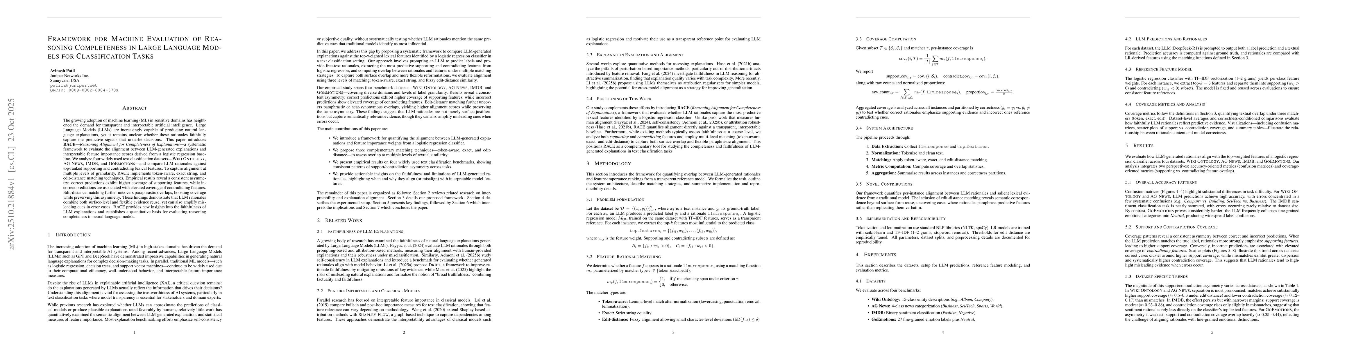 Thumbnail for Framework for Machine Evaluation of Reasoning Completeness in Large
  Language Models For Classification Tasks
