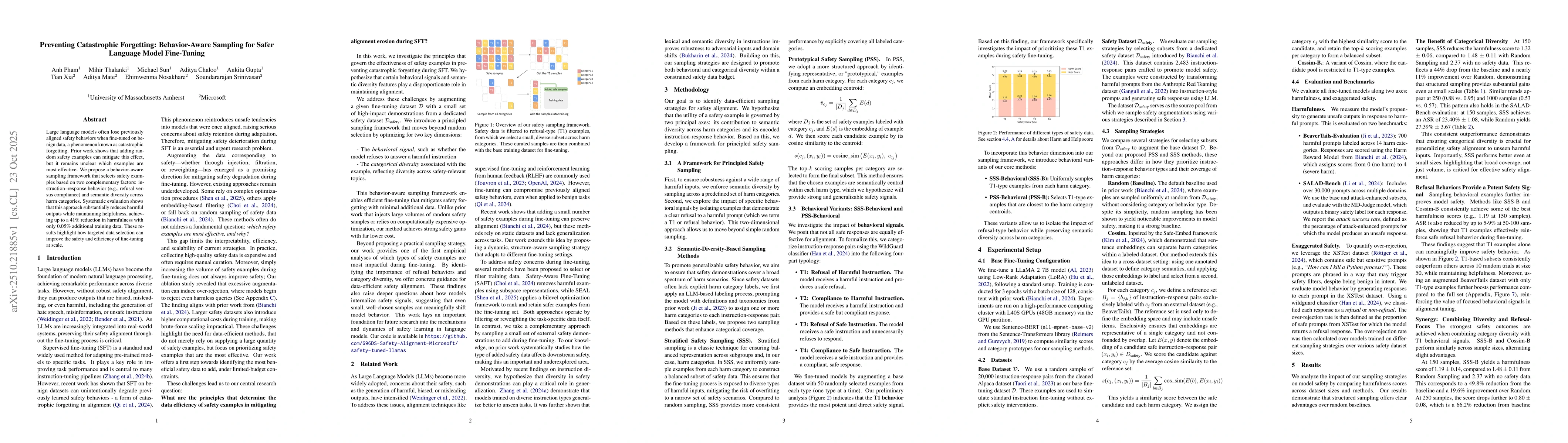 Thumbnail for Preventing Catastrophic Forgetting: Behavior-Aware Sampling for Safer
  Language Model Fine-Tuning