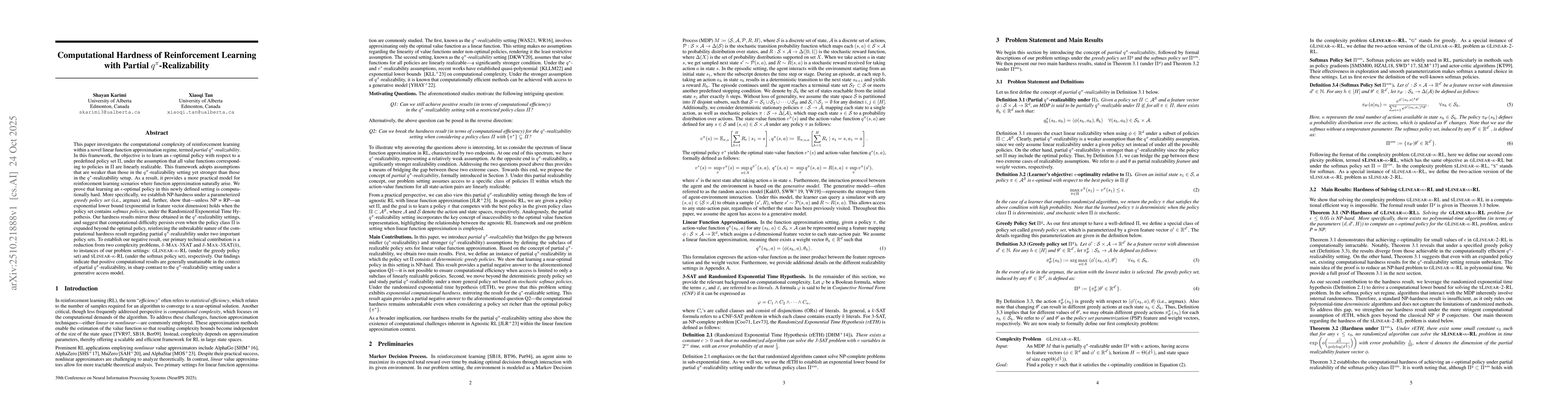 Thumbnail for Computational Hardness of Reinforcement Learning with Partial
  $q^π$-Realizability