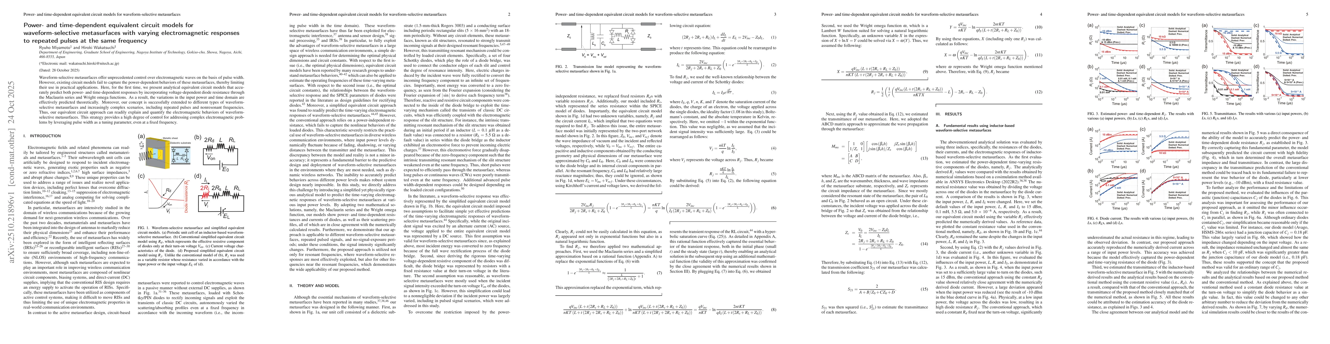 Thumbnail for Power- and time-dependent equivalent circuit models for
  waveform-selective metasurfaces with varying electromagnetic responses to
  repeated pulses at the same frequency