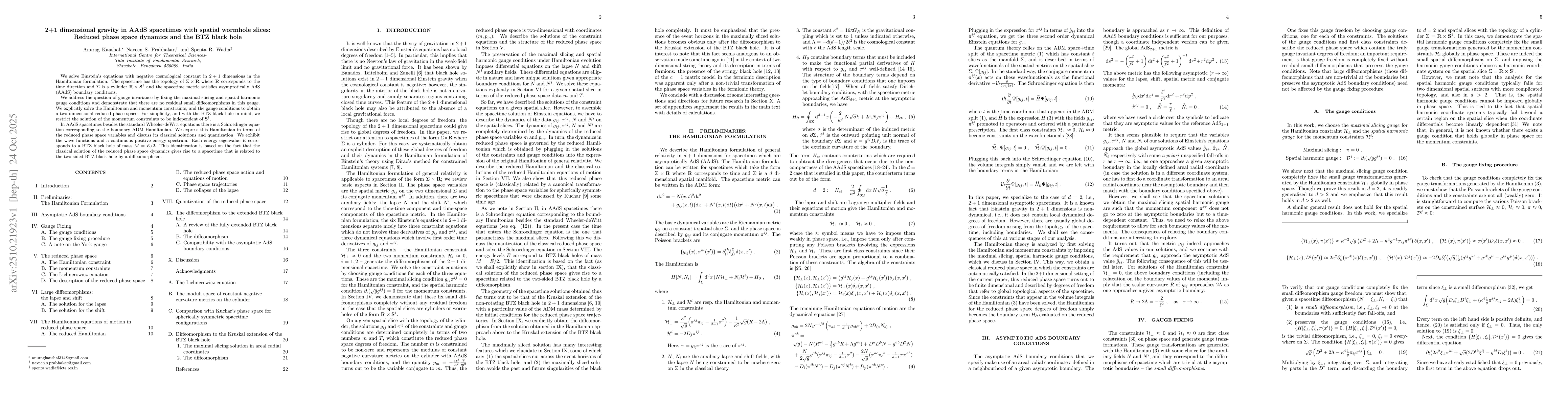 Thumbnail for 2+1 dimensional gravity in AAdS spacetimes with spatial wormhole slices:
  Reduced phase space dynamics and the BTZ black hole