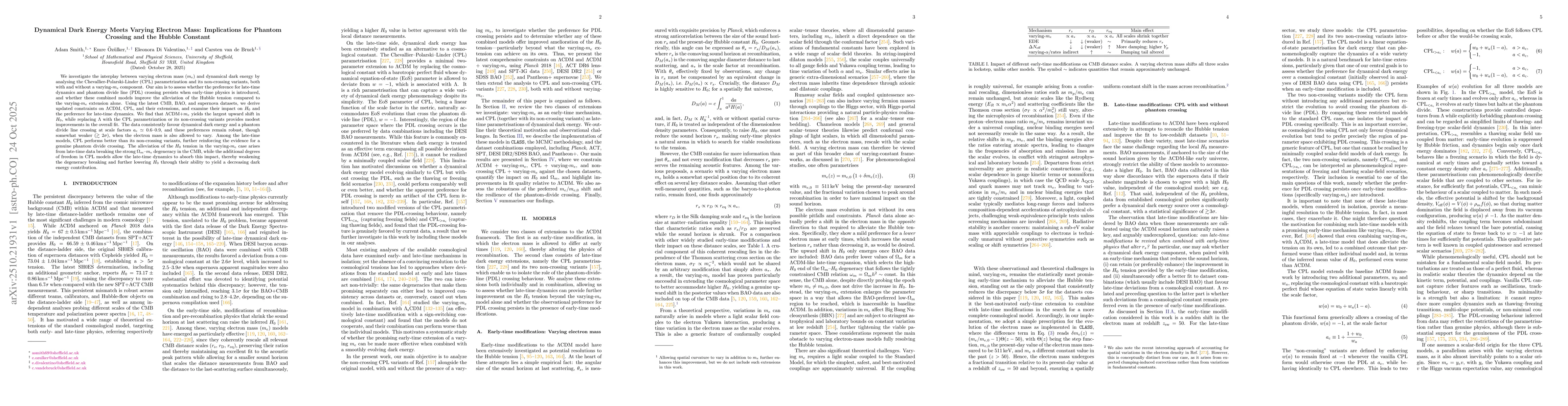 Thumbnail for Dynamical Dark Energy Meets Varying Electron Mass: Implications for
  Phantom Crossing and the Hubble Constant