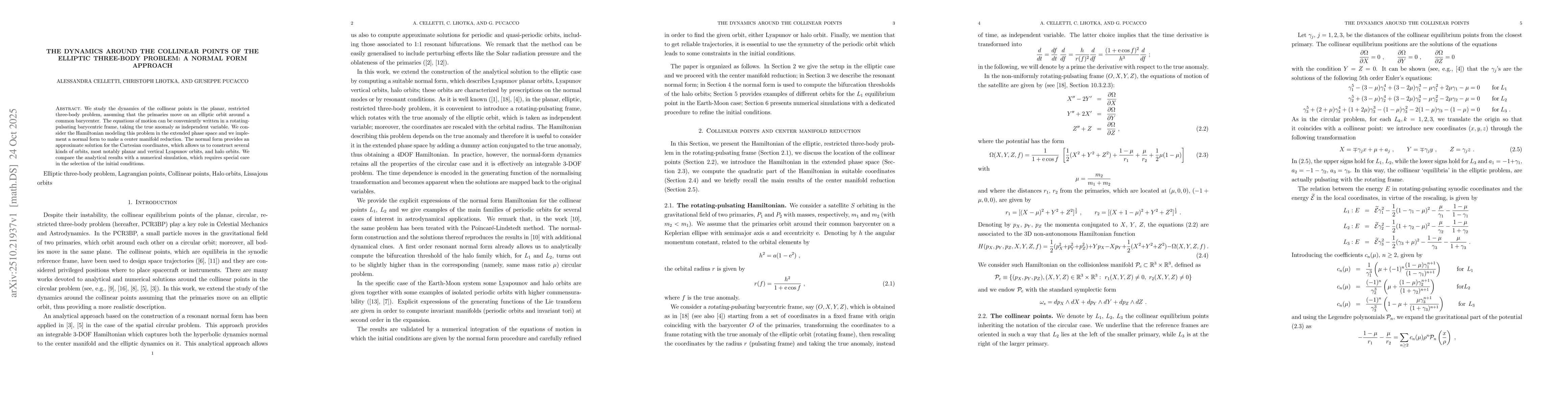 Thumbnail for The dynamics around the collinear points of the elliptic three-body
  problem: A normal form approach