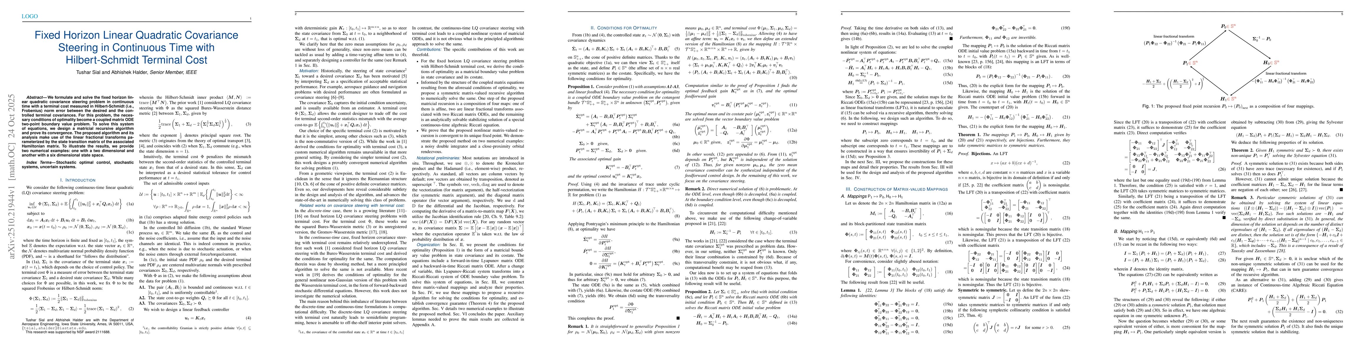 Thumbnail for Fixed Horizon Linear Quadratic Covariance Steering in Continuous Time
  with Hilbert-Schmidt Terminal Cost