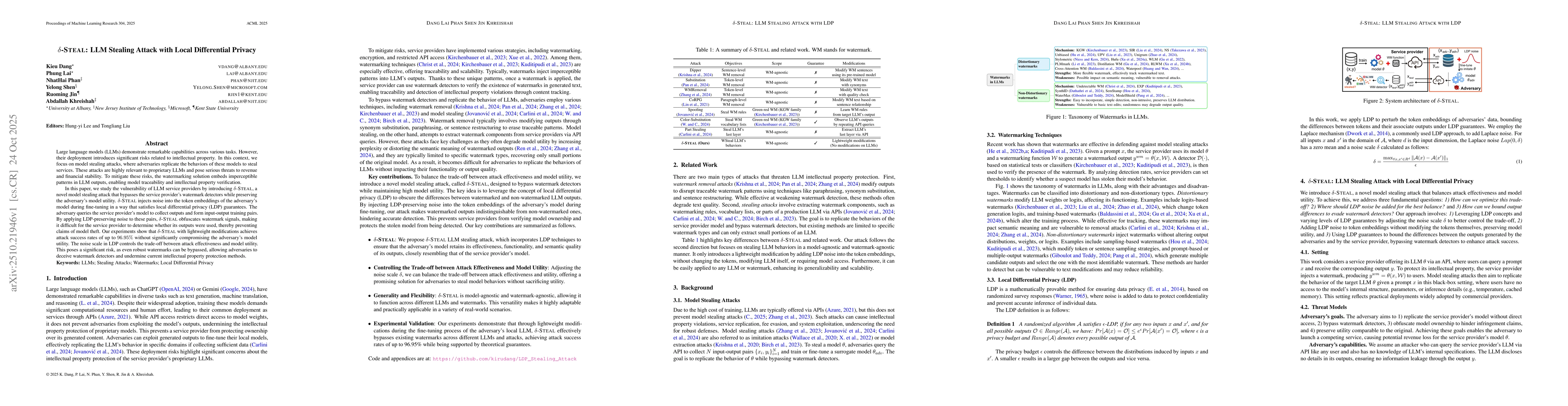 Thumbnail for $δ$-STEAL: LLM Stealing Attack with Local Differential Privacy