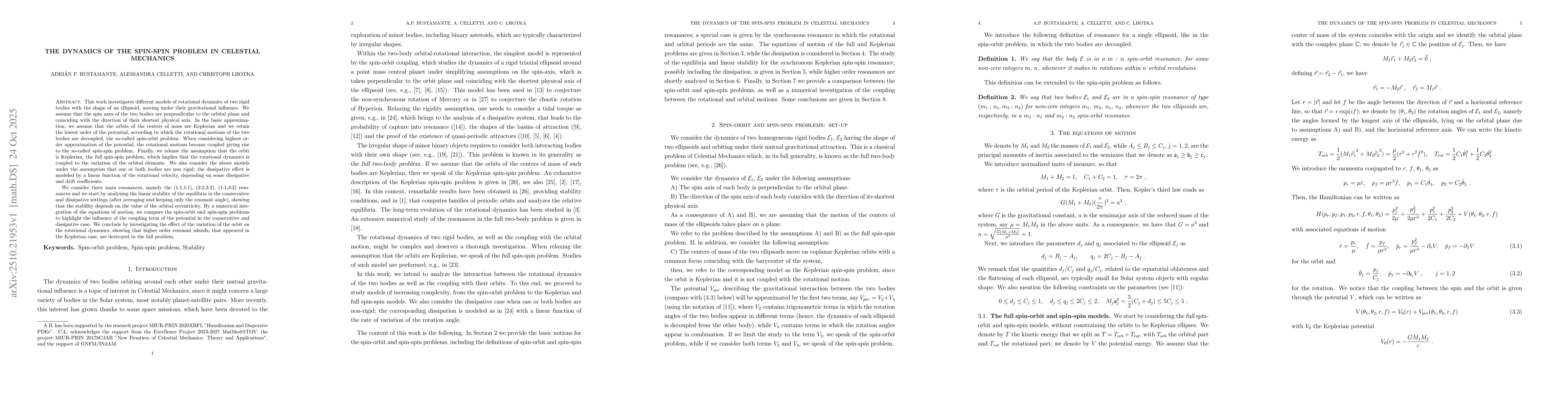 Thumbnail for The dynamics of the spin-spin problem in Celestial Mechanics
