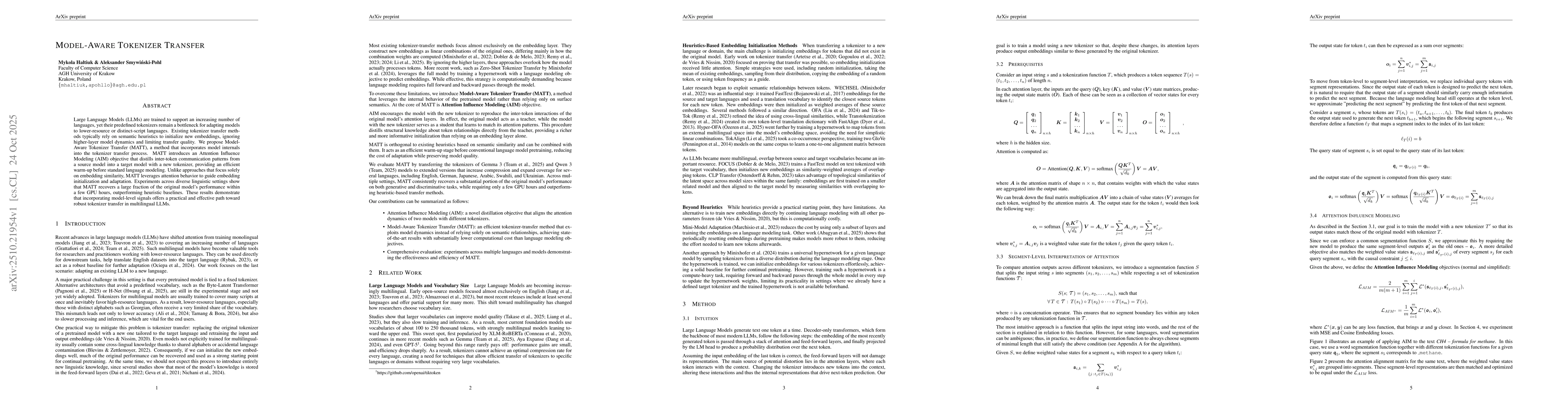 Thumbnail for Model-Aware Tokenizer Transfer