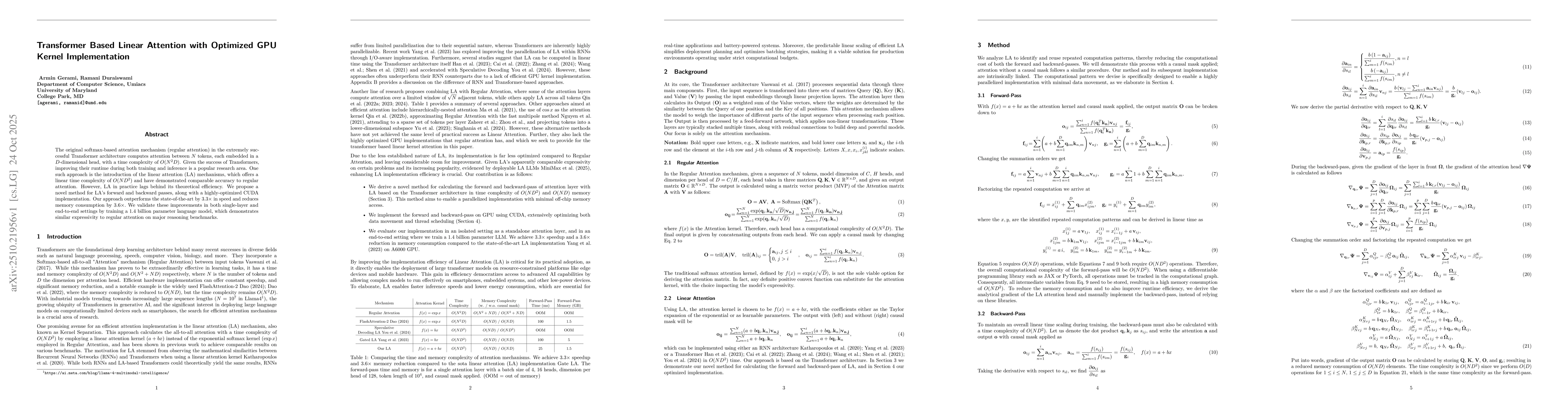 Thumbnail for Transformer Based Linear Attention with Optimized GPU Kernel
  Implementation