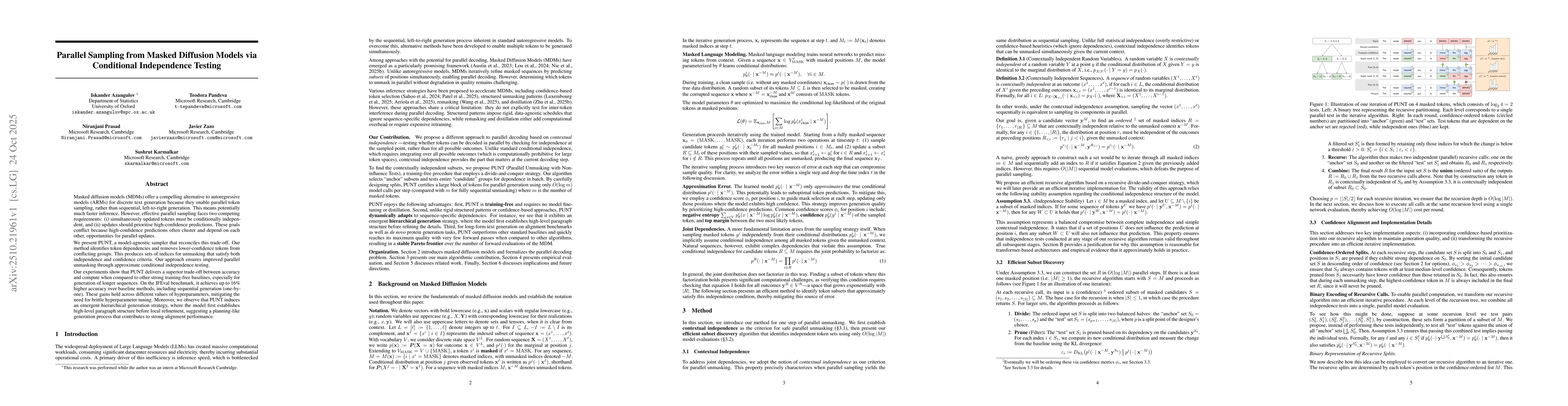 Thumbnail for Parallel Sampling from Masked Diffusion Models via Conditional
  Independence Testing
