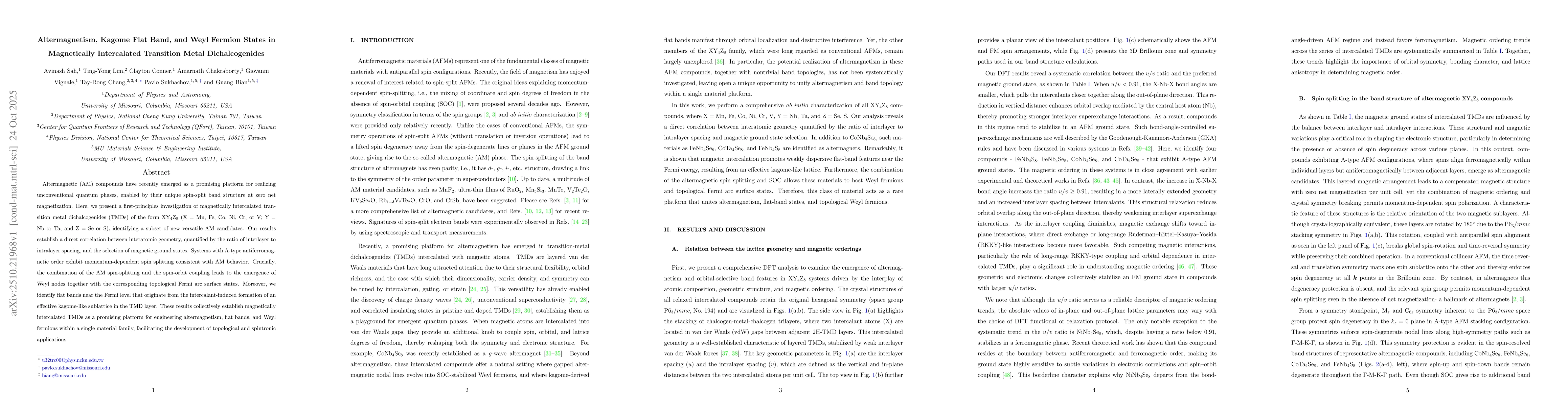 Thumbnail for Altermagnetism, Kagome Flat Band, and Weyl Fermion States in
  Magnetically Intercalated Transition Metal Dichalcogenides