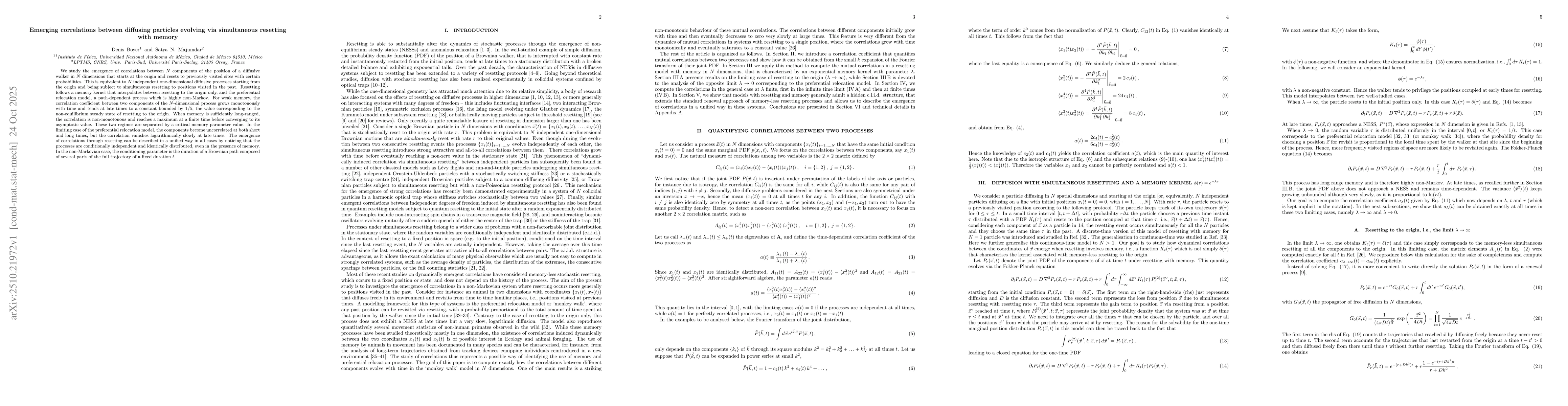 Thumbnail for Emerging correlations between diffusing particles evolving via
  simultaneous resetting with memory