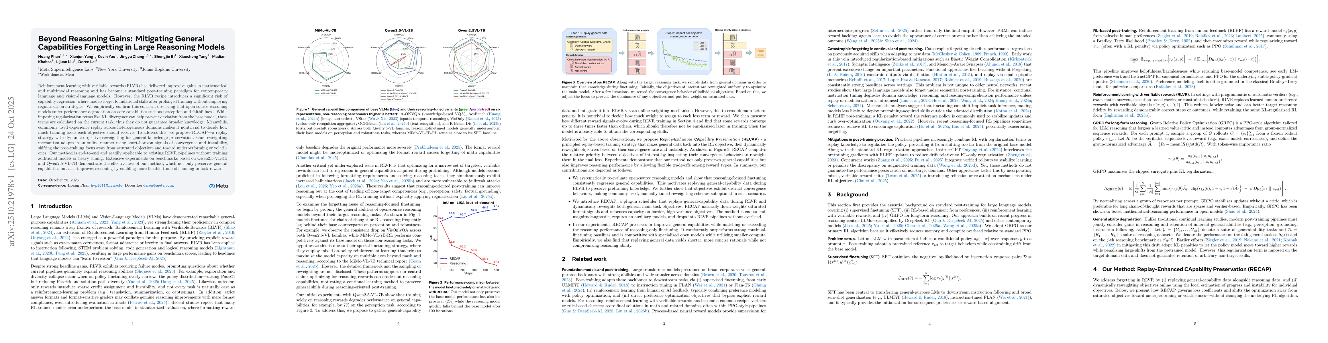 Thumbnail for Beyond Reasoning Gains: Mitigating General Capabilities Forgetting in
  Large Reasoning Models