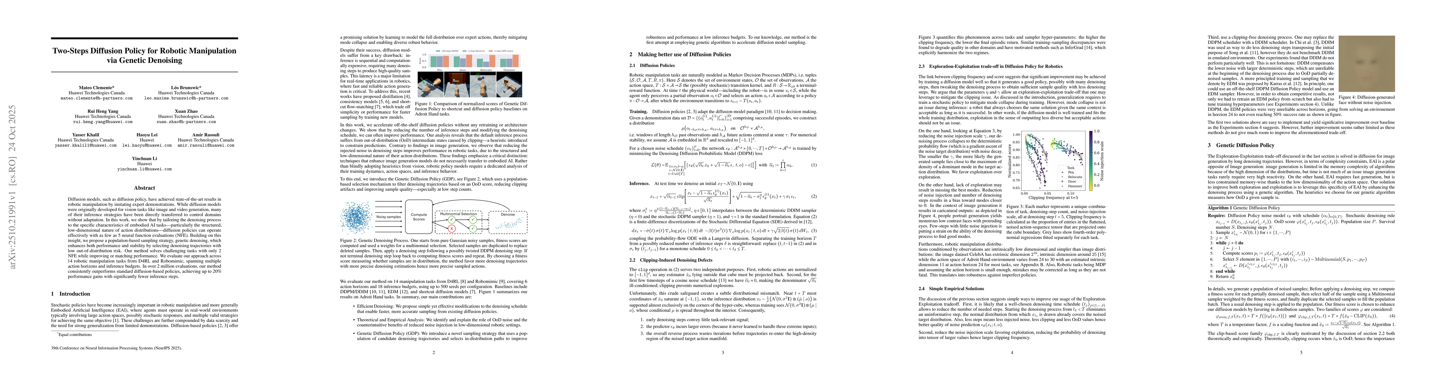 Thumbnail for Two-Steps Diffusion Policy for Robotic Manipulation via Genetic
  Denoising