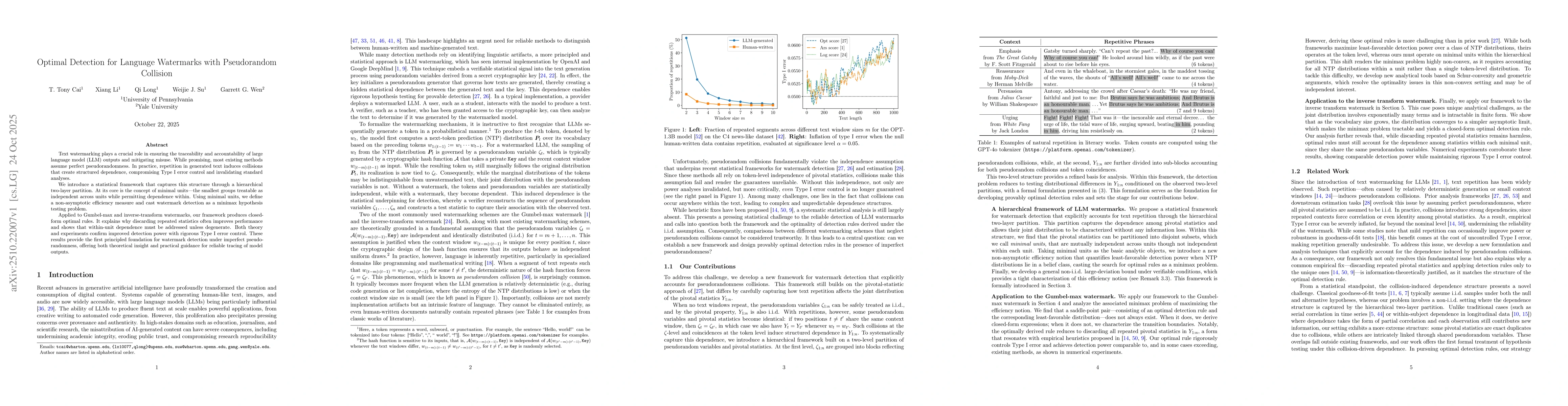 Thumbnail for Optimal Detection for Language Watermarks with Pseudorandom Collision