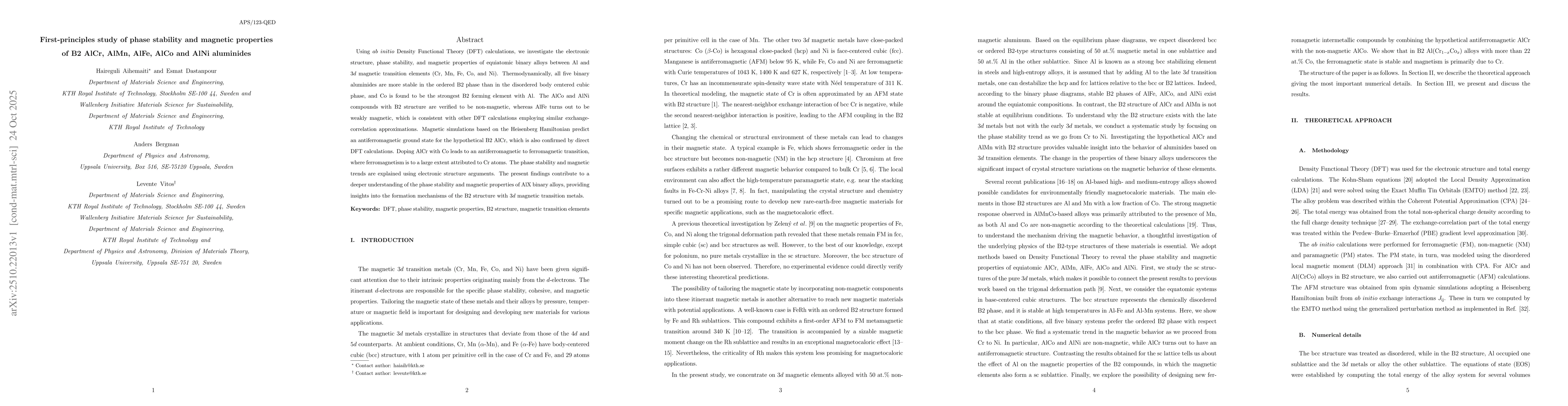 Thumbnail for First-principles study of phase stability and magnetic properties of B2
  AlCr, AlMn, AlFe, AlCo and AlNi aluminides