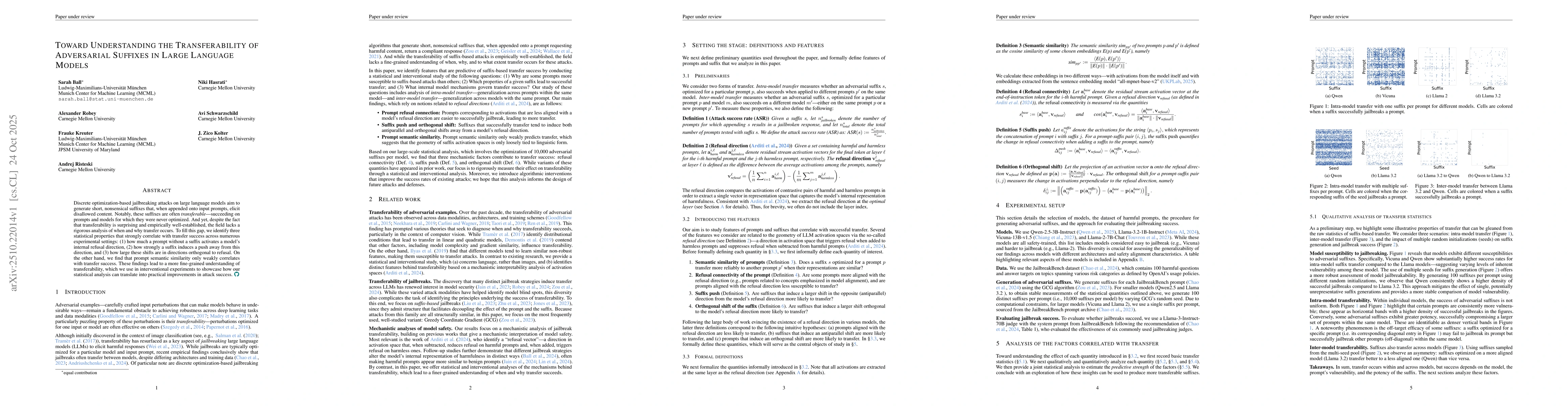 Thumbnail for Toward Understanding the Transferability of Adversarial Suffixes in
  Large Language Models