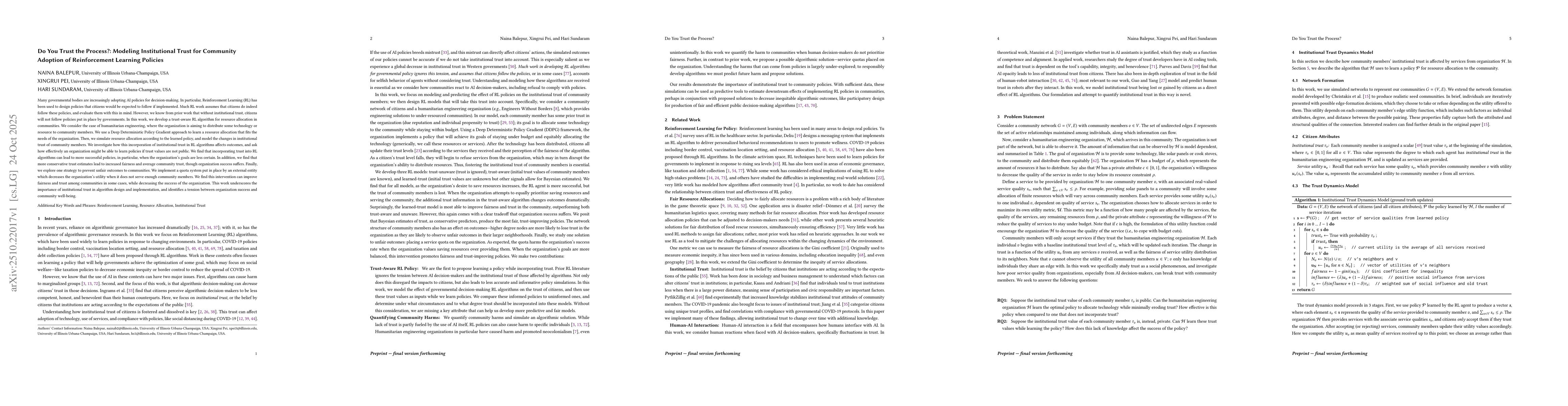 Thumbnail for Do You Trust the Process?: Modeling Institutional Trust for Community
  Adoption of Reinforcement Learning Policies