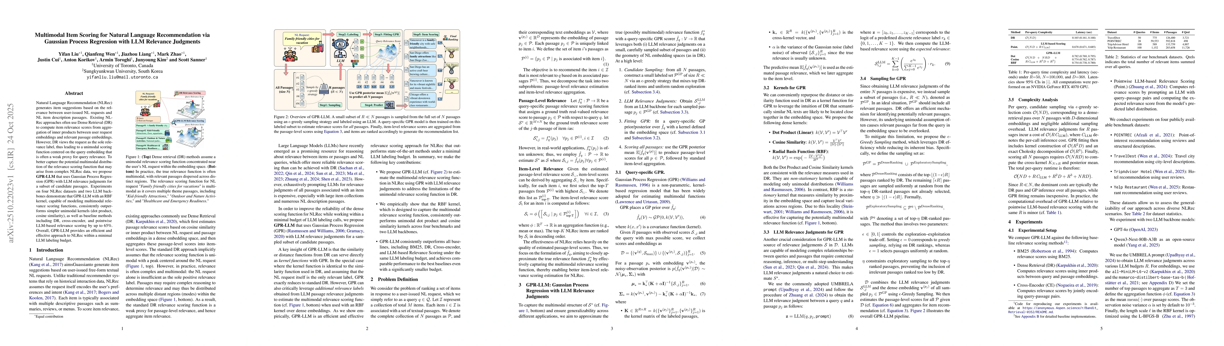 Thumbnail for Multimodal Item Scoring for Natural Language Recommendation via Gaussian
  Process Regression with LLM Relevance Judgments