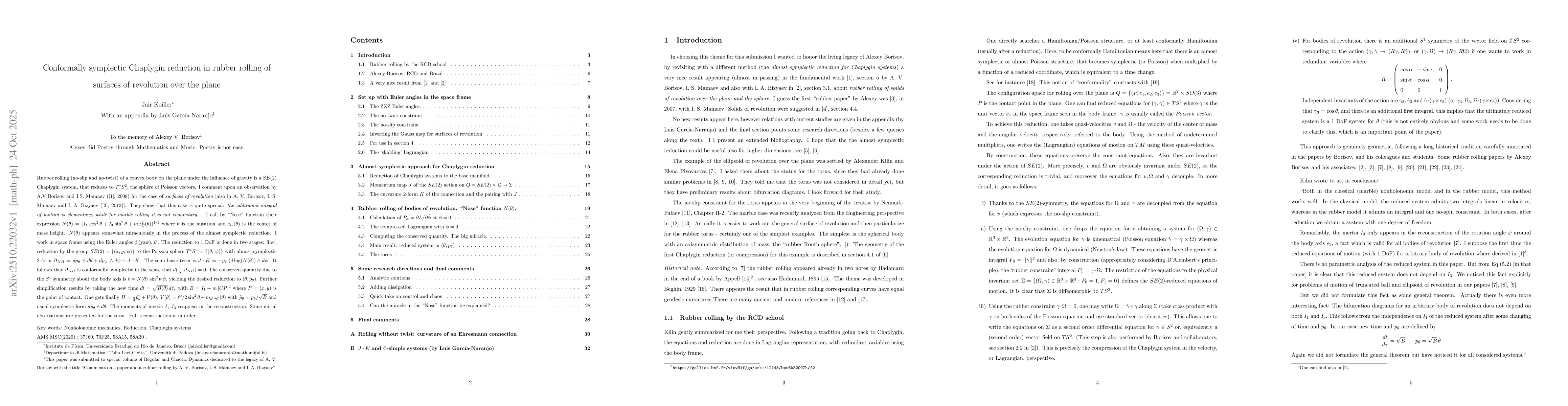 Thumbnail for Conformally symplectic Chaplygin reduction in rubber rolling of surfaces
  of revolution over the plane