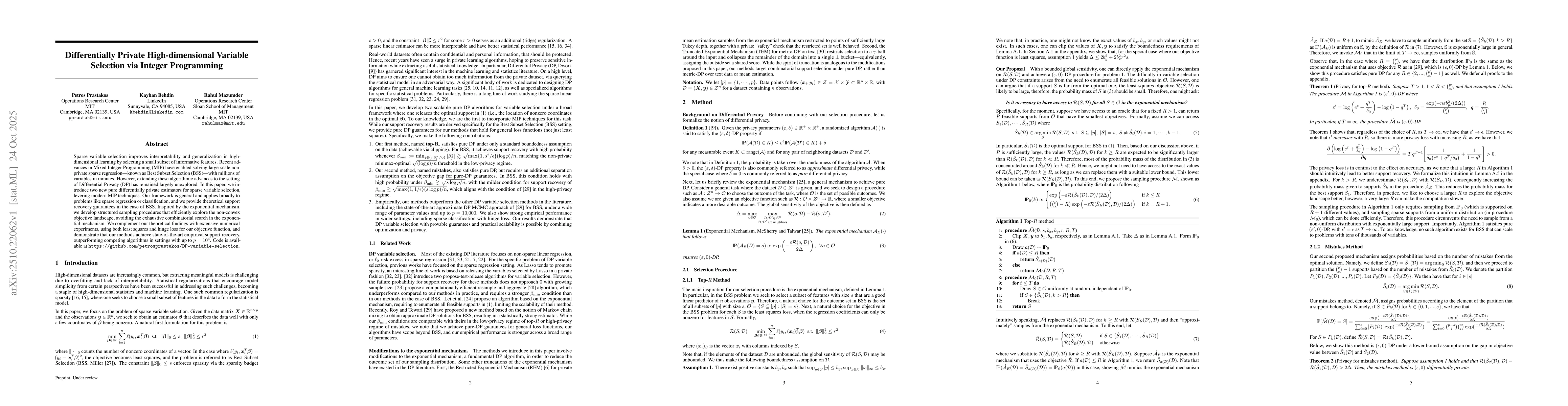 Thumbnail for Differentially Private High-dimensional Variable Selection via Integer
  Programming