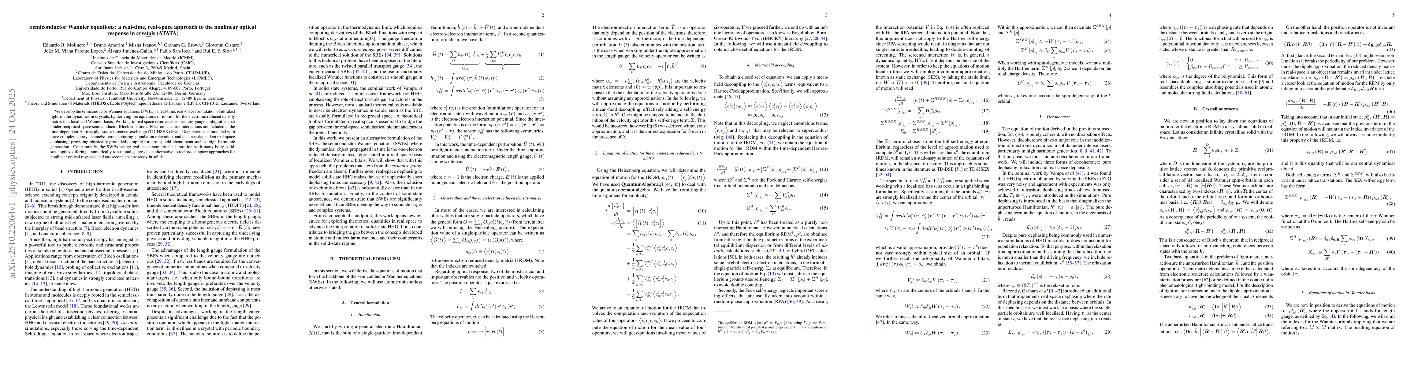 Thumbnail for Semiconductor Wannier equations: a real-time, real-space approach to the
  nonlinear optical response in crystals (ATATA)