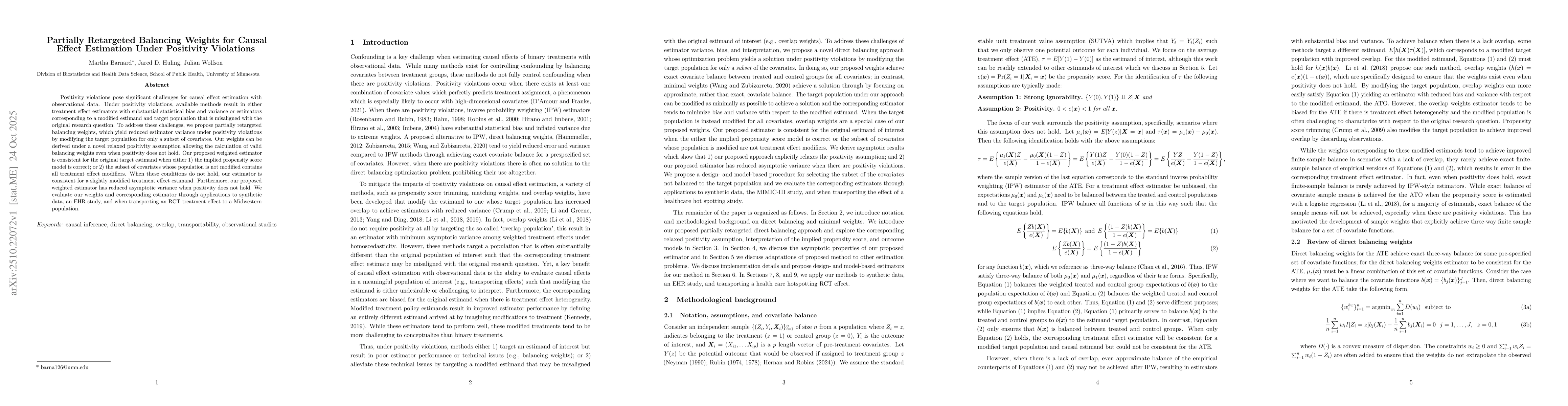 Thumbnail for Partially Retargeted Balancing Weights for Causal Effect Estimation
  Under Positivity Violations