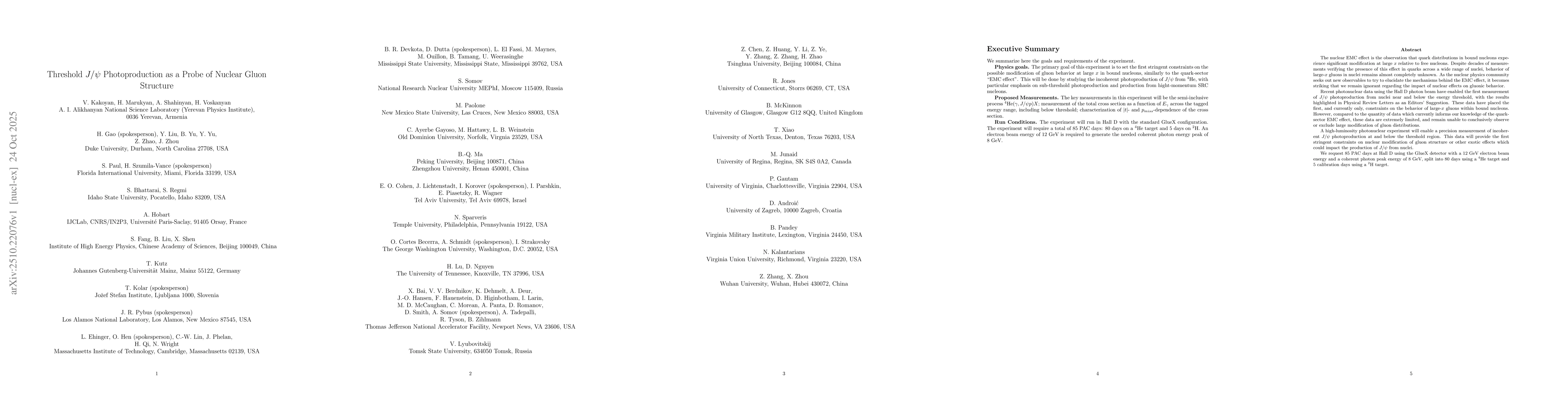 Thumbnail for Threshold $J/ψ$ Photoproduction as a Probe of Nuclear Gluon Structure