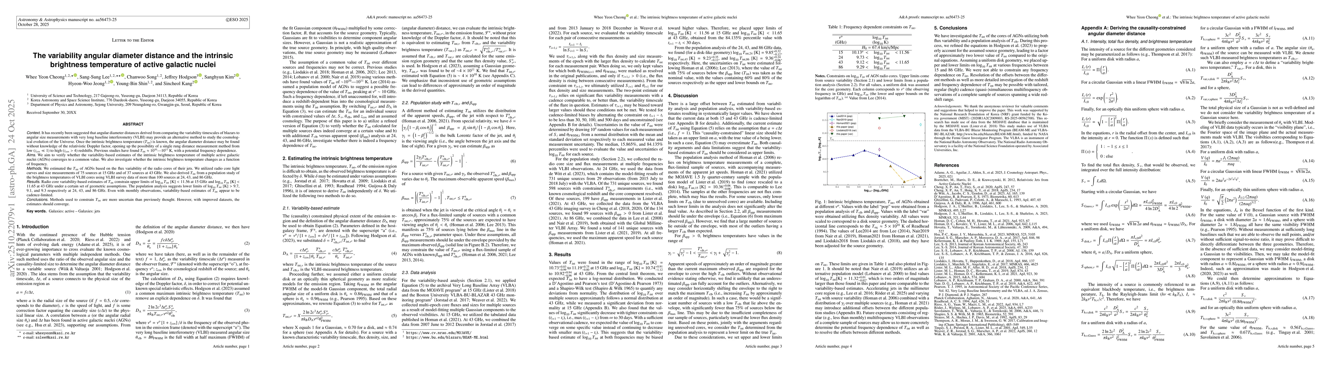 Thumbnail for The variability angular diameter distance and the intrinsic brightness
  temperature of active galactic nuclei