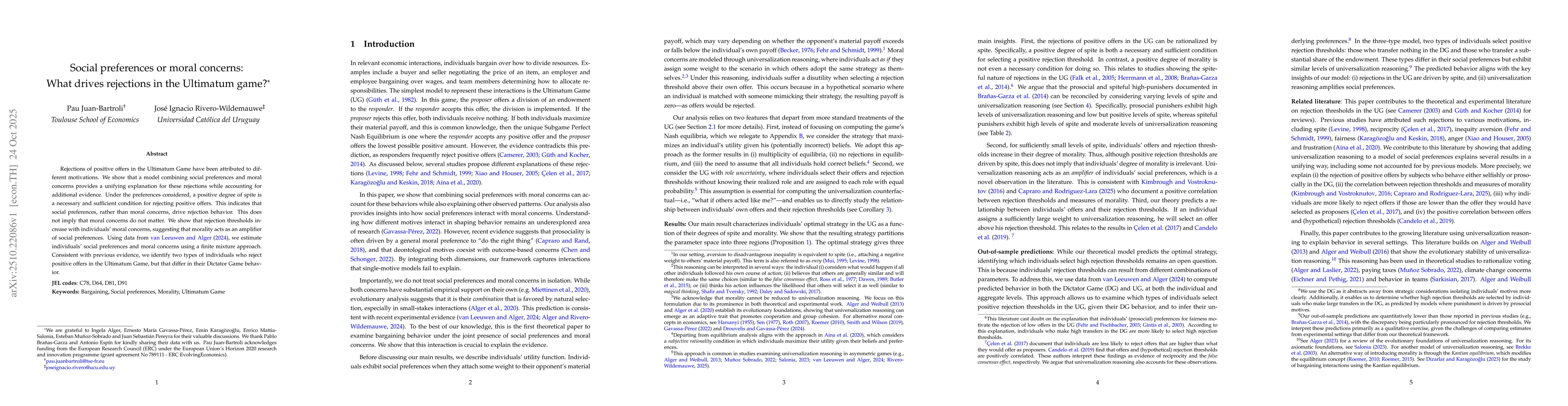Thumbnail for Social preferences or moral concerns: What drives rejections in the
  Ultimatum game?