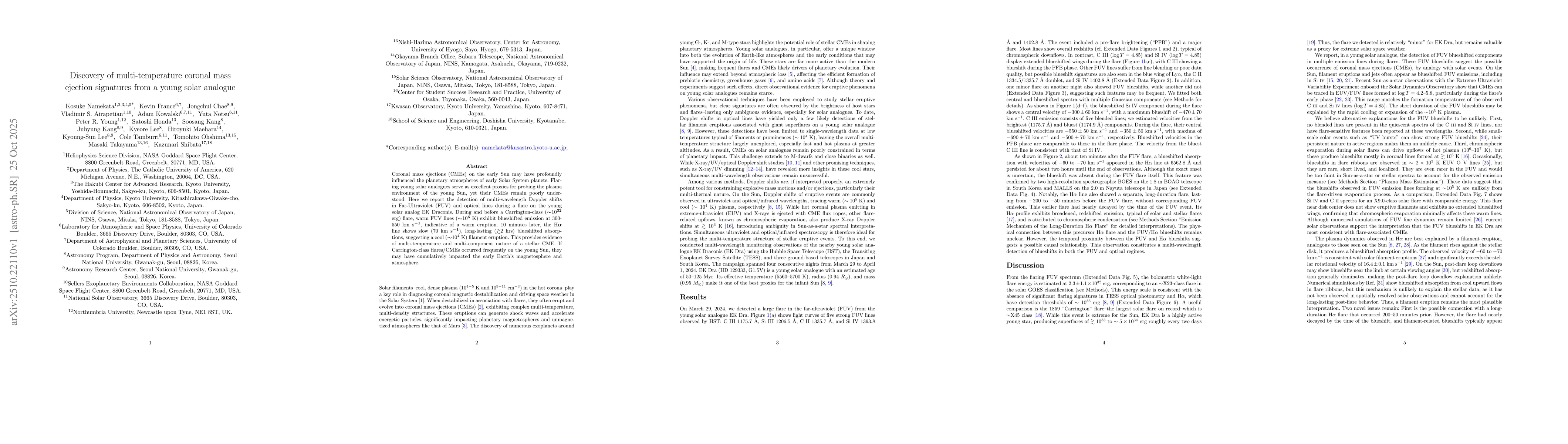 Thumbnail for Discovery of multi-temperature coronal mass ejection signatures from a
  young solar analogue