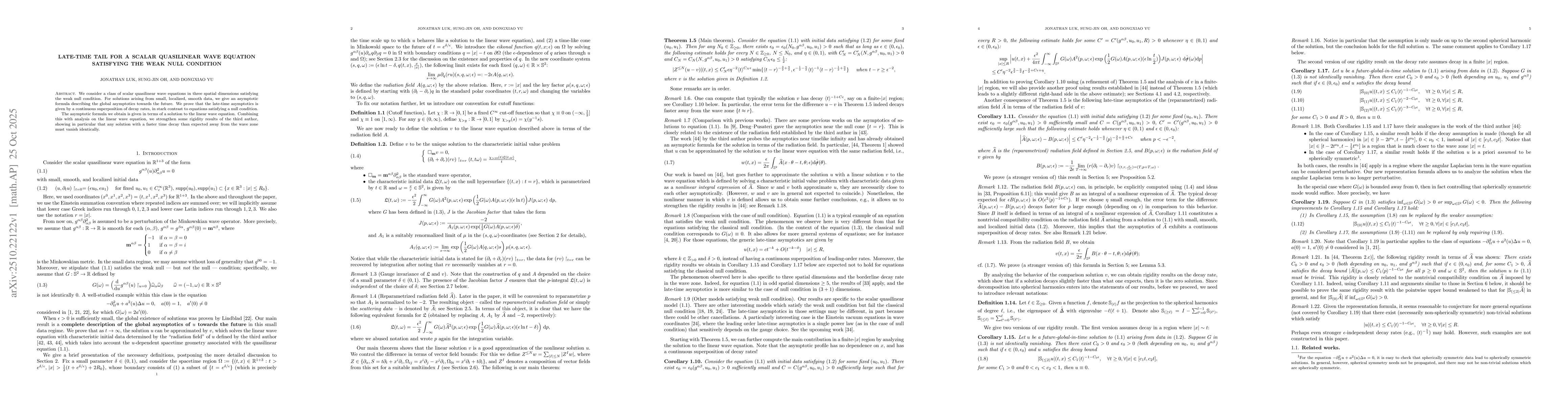 Thumbnail for Late-time tail for a scalar quasilinear wave equation satisfying the
  weak null condition