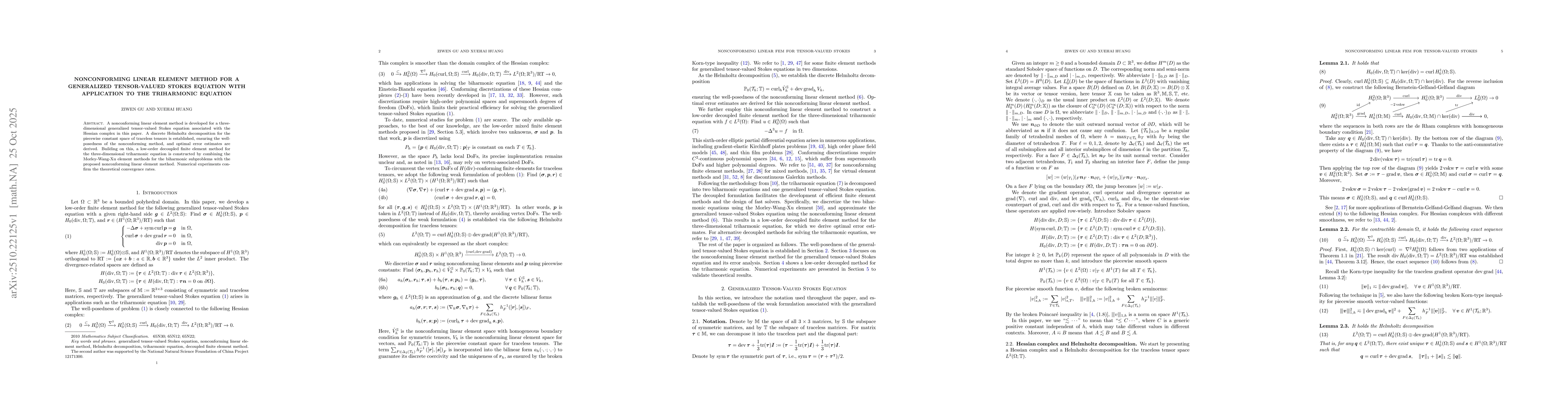 Thumbnail for Nonconforming Linear Element Method for a Generalized Tensor-Valued
  Stokes Equation with Application to the Triharmonic Equation