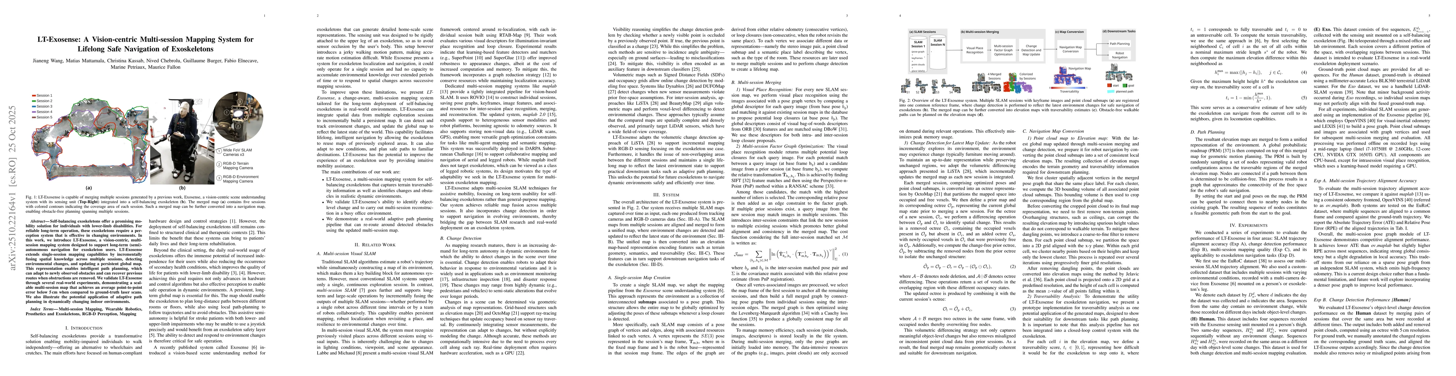 Thumbnail for LT-Exosense: A Vision-centric Multi-session Mapping System for Lifelong
  Safe Navigation of Exoskeletons