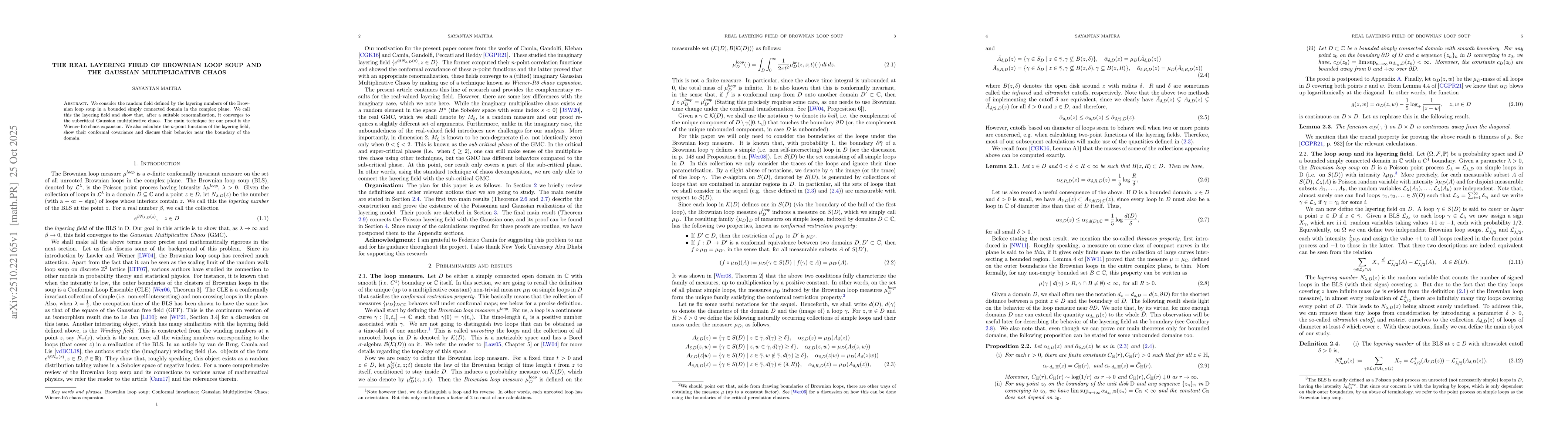 Thumbnail for The real layering field of Brownian loop soup and the Gaussian
  multiplicative chaos