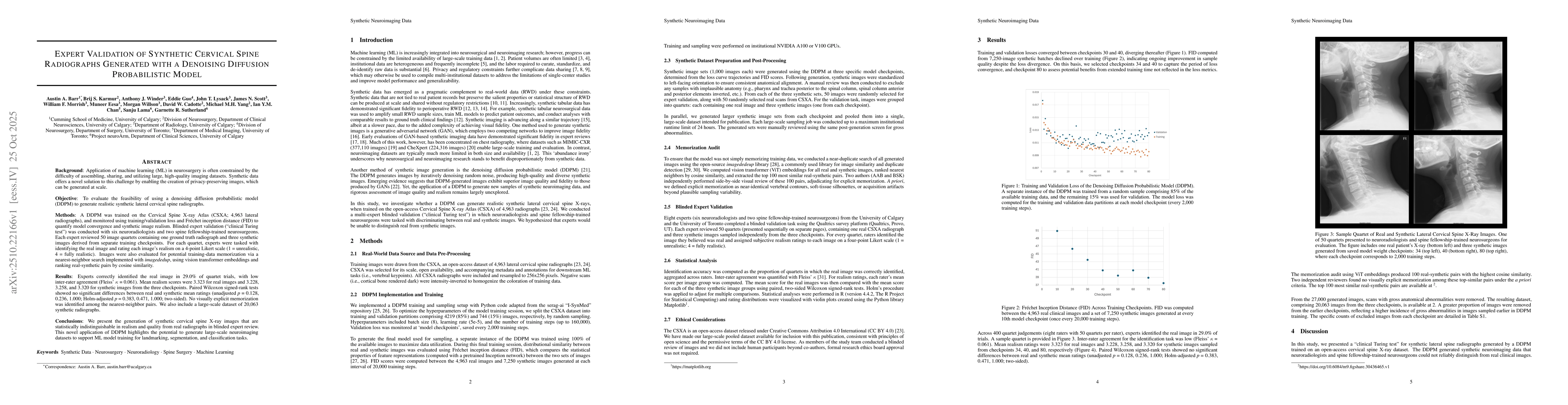 Thumbnail for Expert Validation of Synthetic Cervical Spine Radiographs Generated with
  a Denoising Diffusion Probabilistic Model
