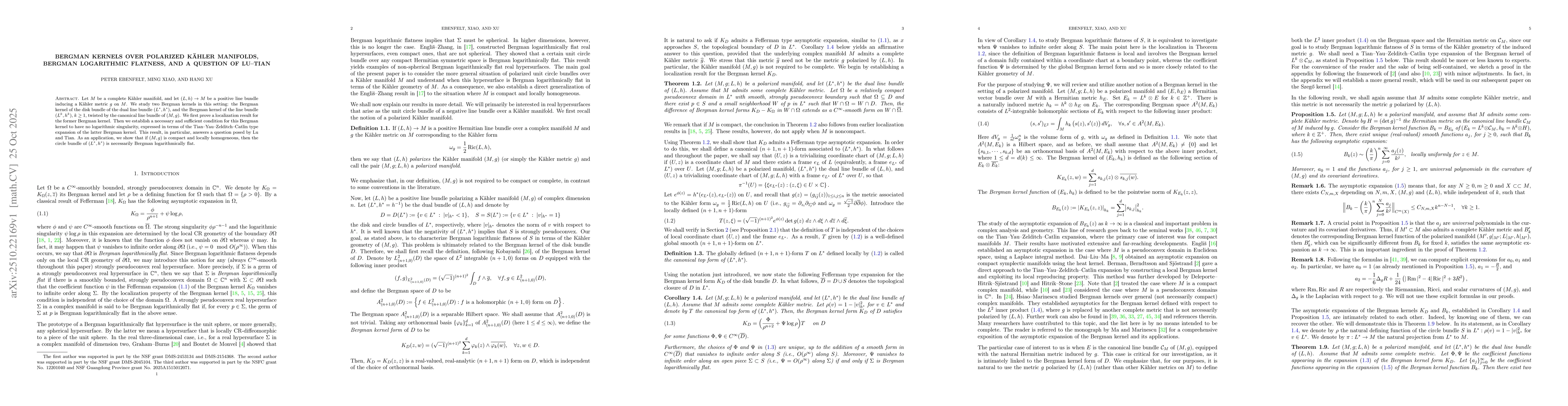 Thumbnail for Bergman kernels over polarized Kähler manifolds, Bergman logarithmic
  flatness, and a question of Lu-Tian