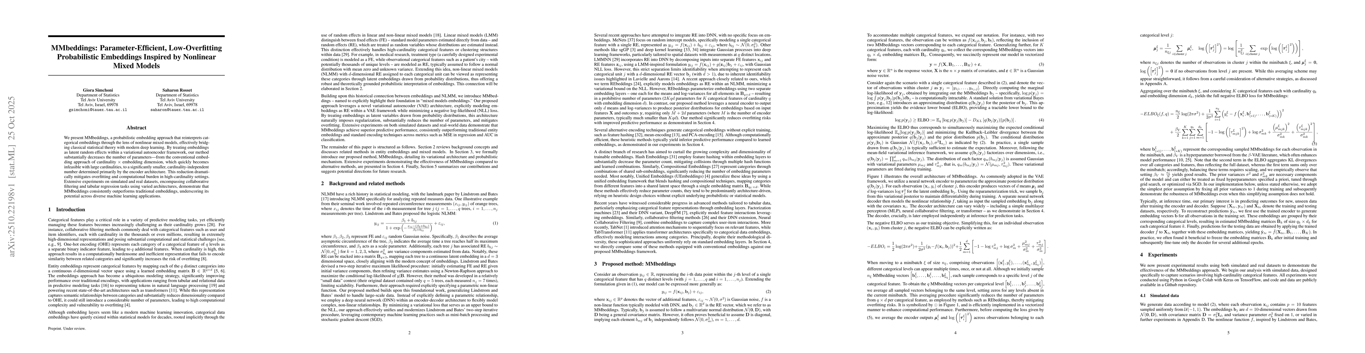 Thumbnail for MMbeddings: Parameter-Efficient, Low-Overfitting Probabilistic
  Embeddings Inspired by Nonlinear Mixed Models