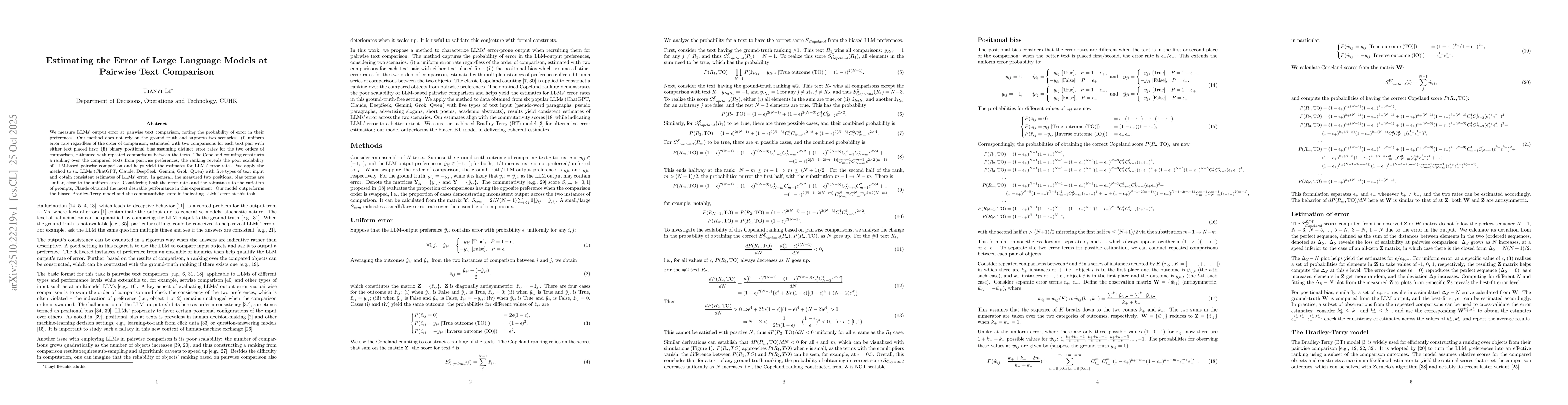 Thumbnail for Estimating the Error of Large Language Models at Pairwise Text
  Comparison