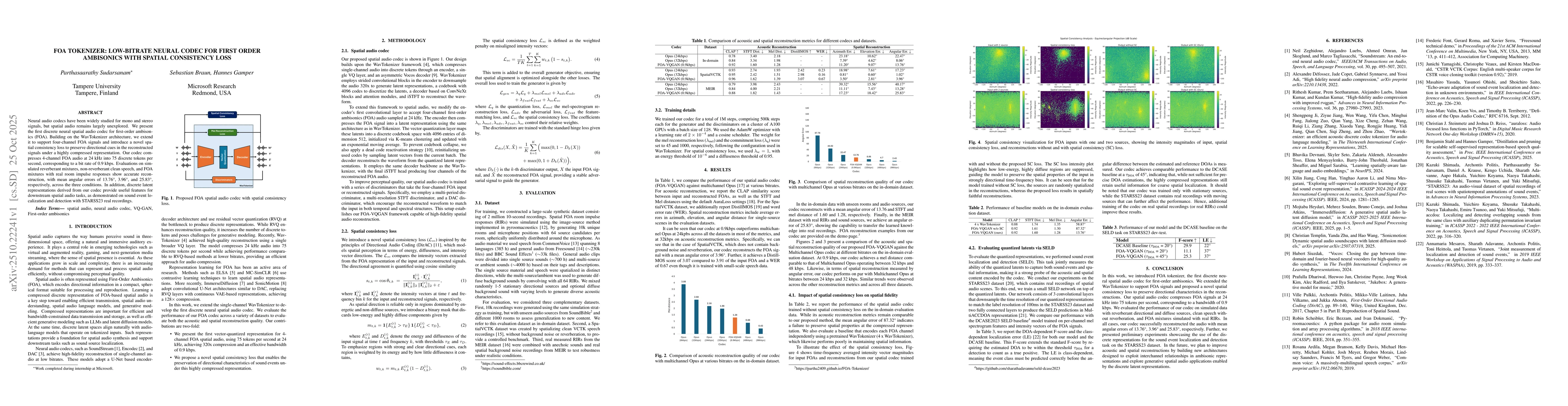 Thumbnail for FOA Tokenizer: Low-bitrate Neural Codec for First Order Ambisonics with
  Spatial Consistency Loss