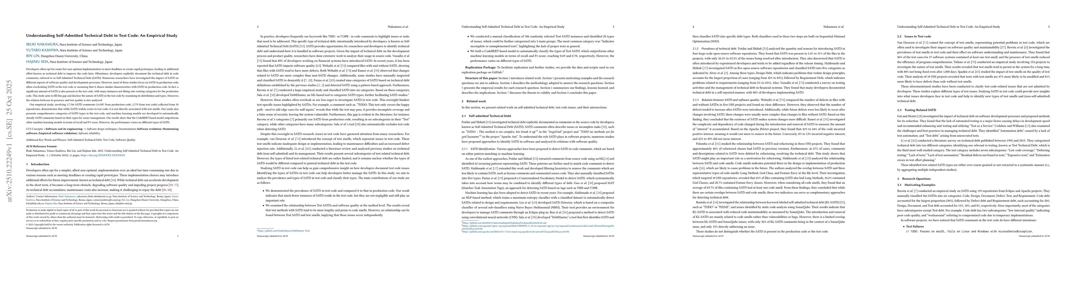 Thumbnail for Understanding Self-Admitted Technical Debt in Test Code: An Empirical
  Study