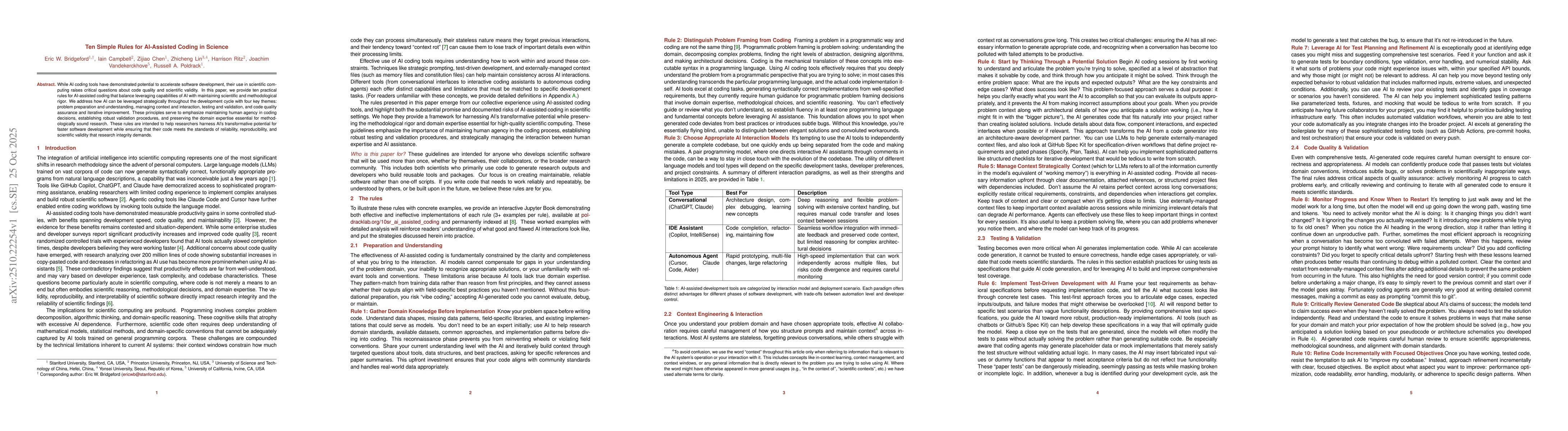 Thumbnail for Ten Simple Rules for AI-Assisted Coding in Science