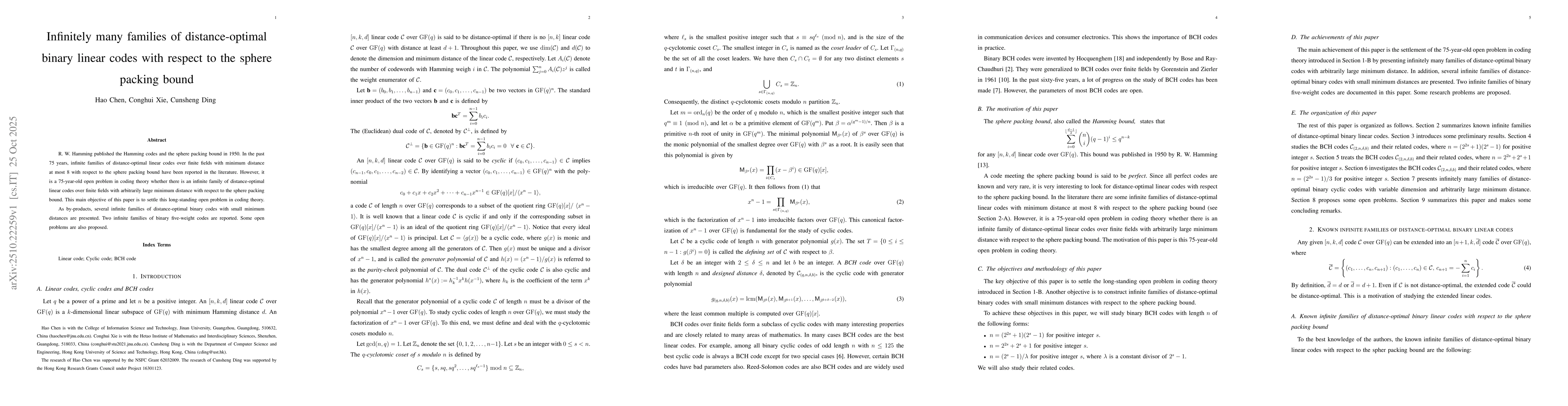 Thumbnail for Infinitely many families of distance-optimal binary linear codes with
  respect to the sphere packing bound