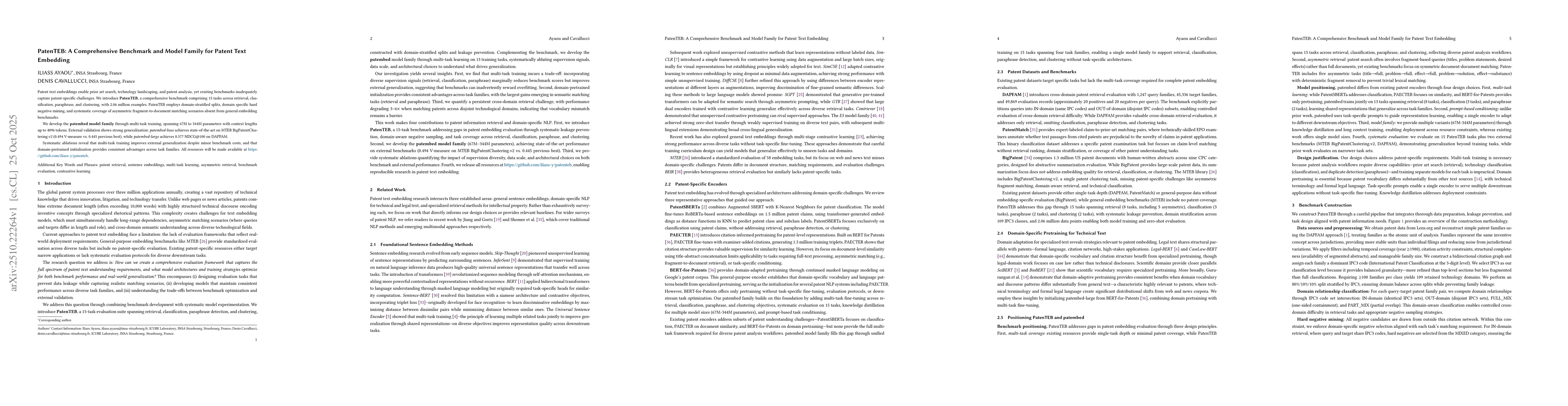Thumbnail for PatenTEB: A Comprehensive Benchmark and Model Family for Patent Text
  Embedding