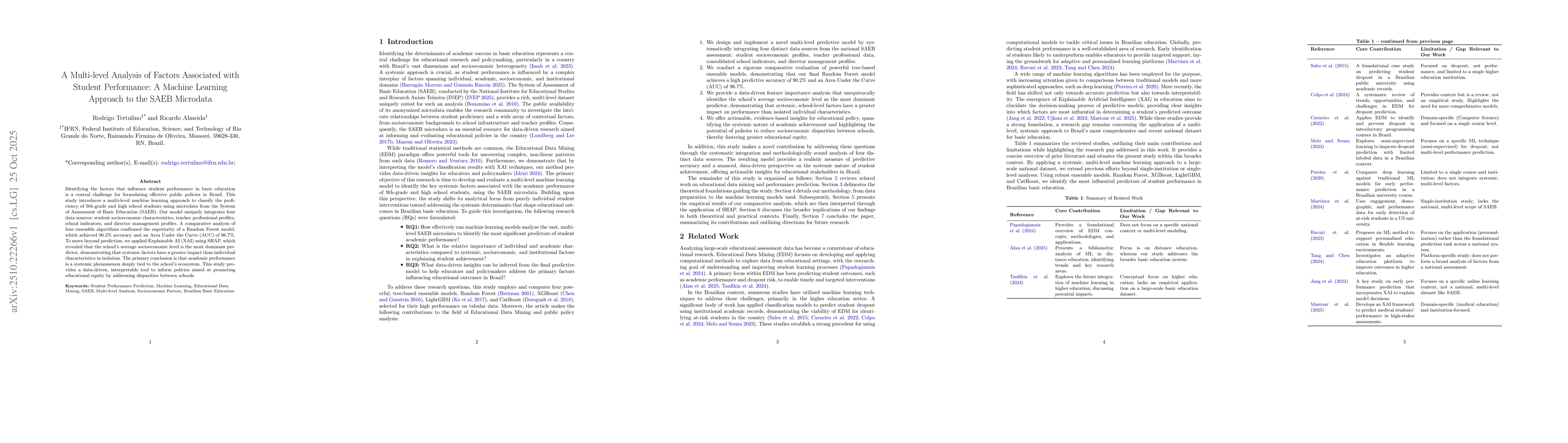 Thumbnail for A Multi-level Analysis of Factors Associated with Student Performance: A
  Machine Learning Approach to the SAEB Microdata