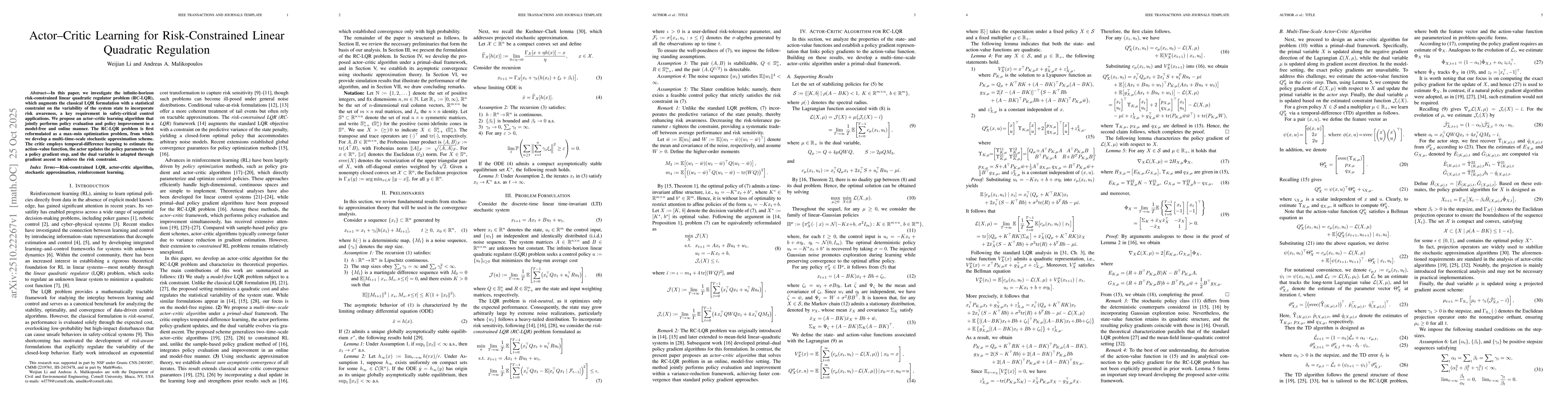 Thumbnail for Actor-Critic Learning for Risk-Constrained Linear Quadratic Regulation