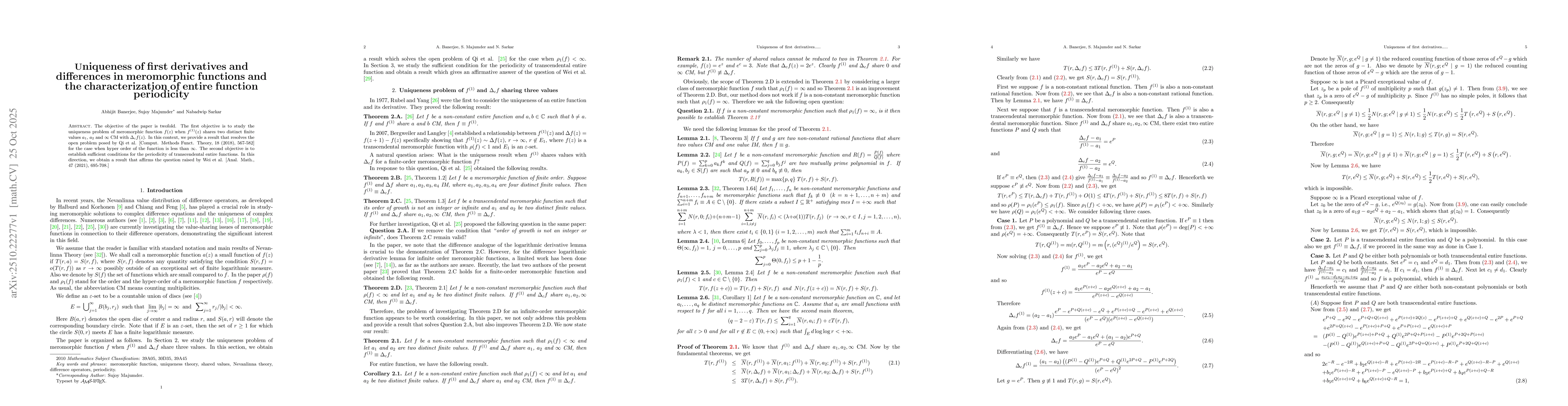 Thumbnail for Uniqueness of first derivatives and differences in meromorphic functions
  and the characterization of entire function periodicity