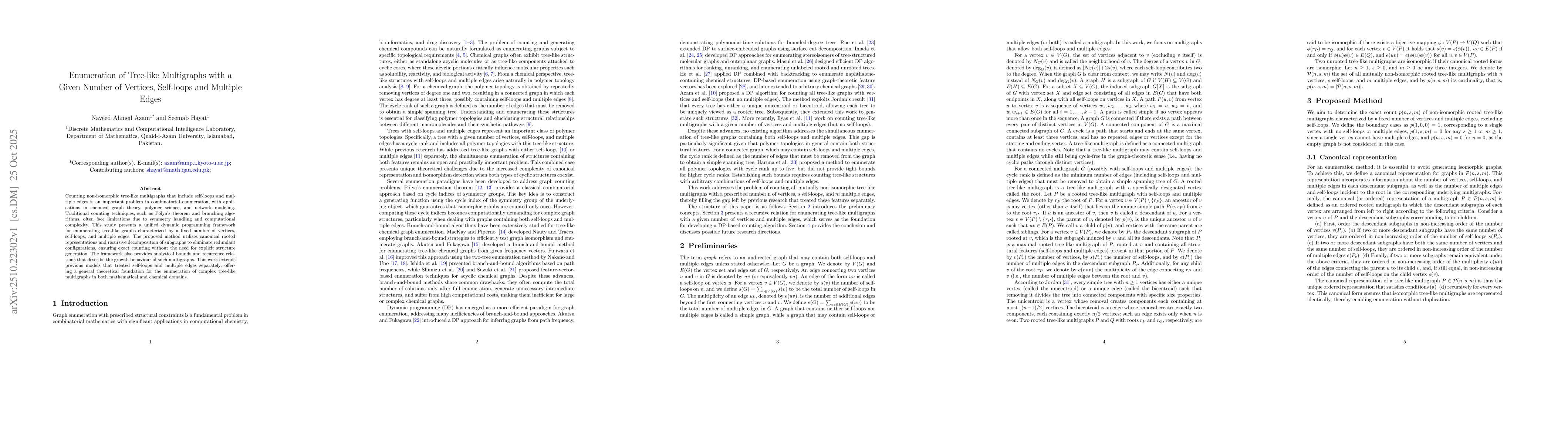 Thumbnail for Enumeration of Tree-like Multigraphs with a Given Number of Vertices,
  Self-loops and Multiple Edges