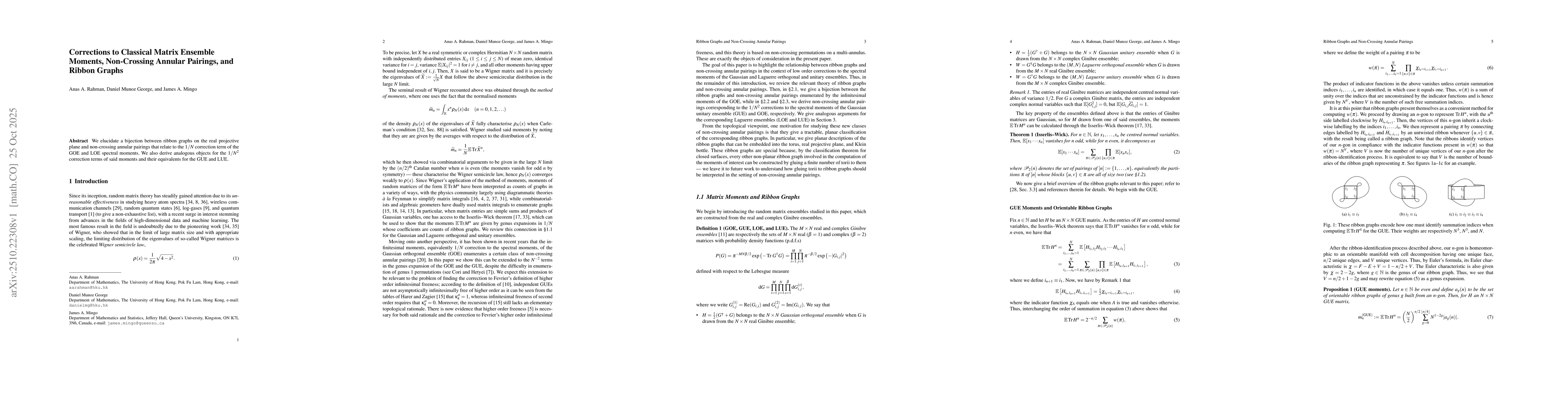Thumbnail for Corrections to Classical Matrix Ensemble Moments, Non-Crossing Annular
  Pairings, and Ribbon Graphs